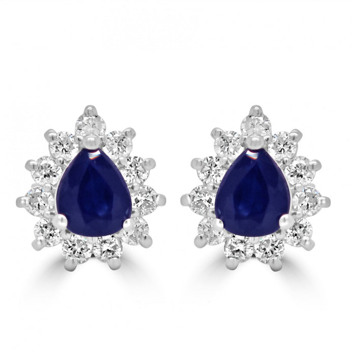 9ct White Gold Pear Sapphire & Cluster Diamond Halo Stud Earrings