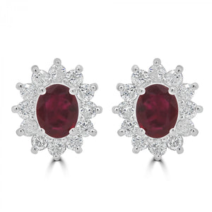 9ct White Gold Oval Ruby & Cluster Diamond Halo Stud Earrings