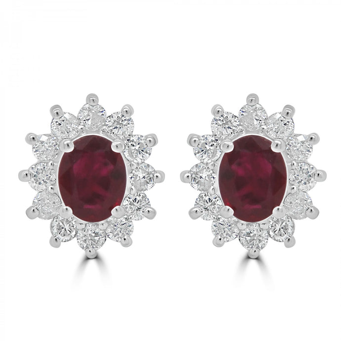 9ct White Gold Oval Ruby & Cluster Diamond Halo Stud Earrings