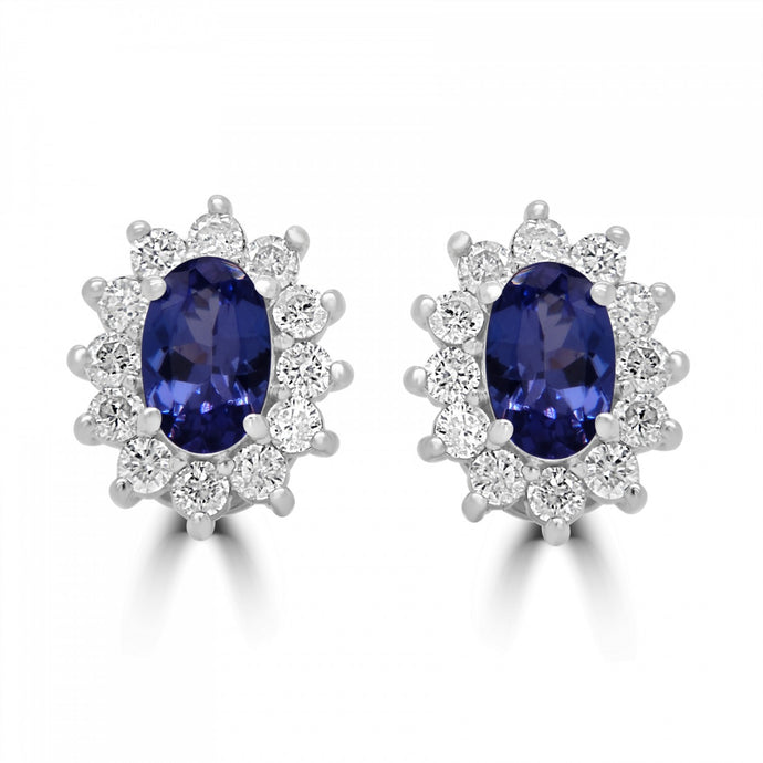 9ct White Gold Oval Sapphire & Cluster Diamond Halo Stud Earrings