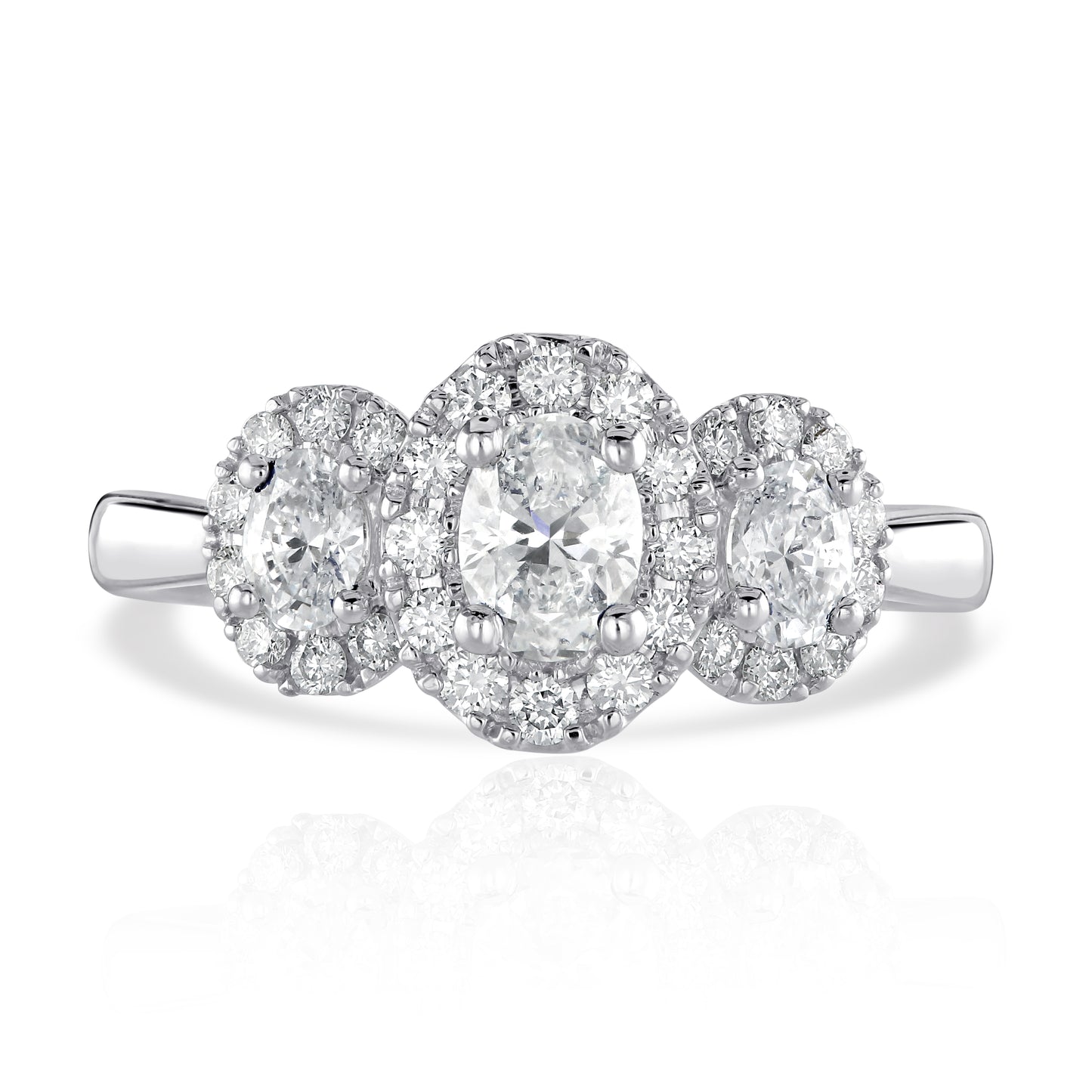Platinum Oval & Halo Three Stone Diamond Ring, 0.98ct