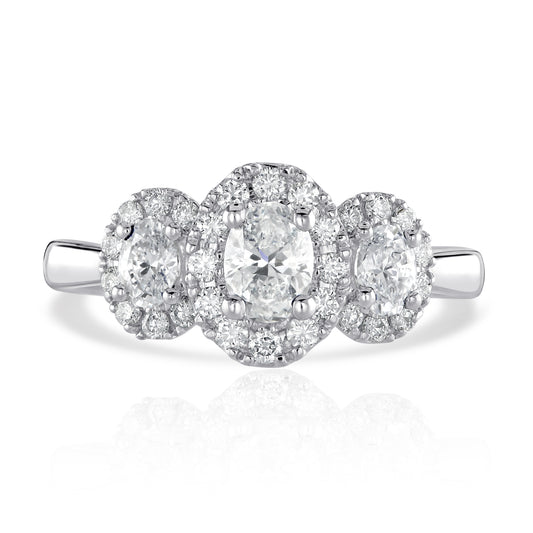 Platinum Oval & Halo Three Stone Diamond Ring, 0.98ct
