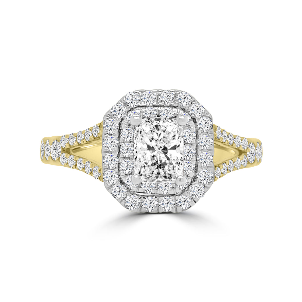 18ct Yellow Gold Radiant & Double Halo Diamond Set Shoulder Ring, 1.13ct