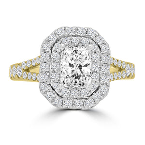 18ct Yellow Gold Radiant & Double Halo Diamond Set Shoulder Ring, 1.33ct