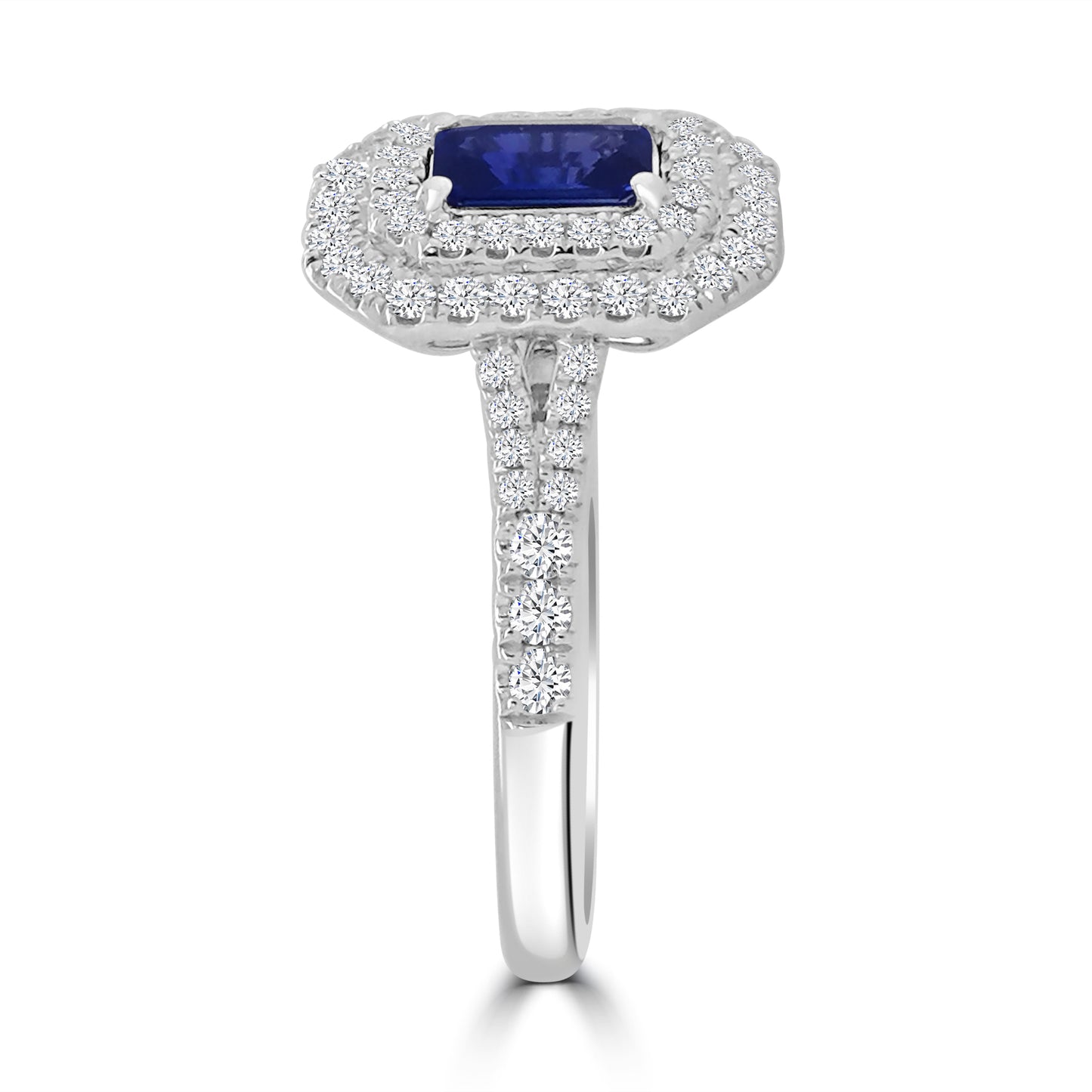 18ct White Gold Emerald Sapphire & Double Diamond Halo Ring