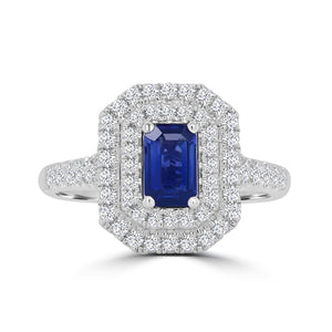 18ct White Gold Emerald Sapphire & Double Diamond Halo Ring