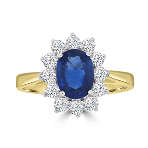18ct Yellow Gold Oval Sapphire & Diamond Cluster Halo Ring