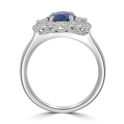 18ct White Gold Oval Sapphire & Diamond Three Stone & Halo Ring