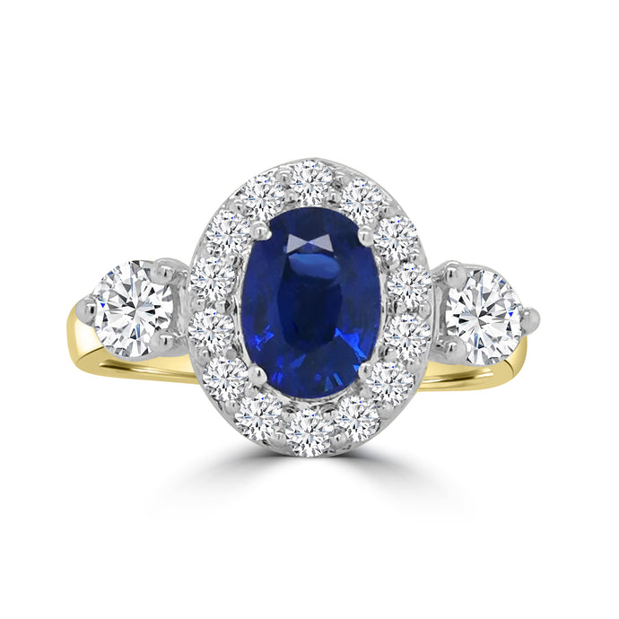 18ct Yellow Gold Oval Sapphire & Diamond Three Stone & Halo Ring