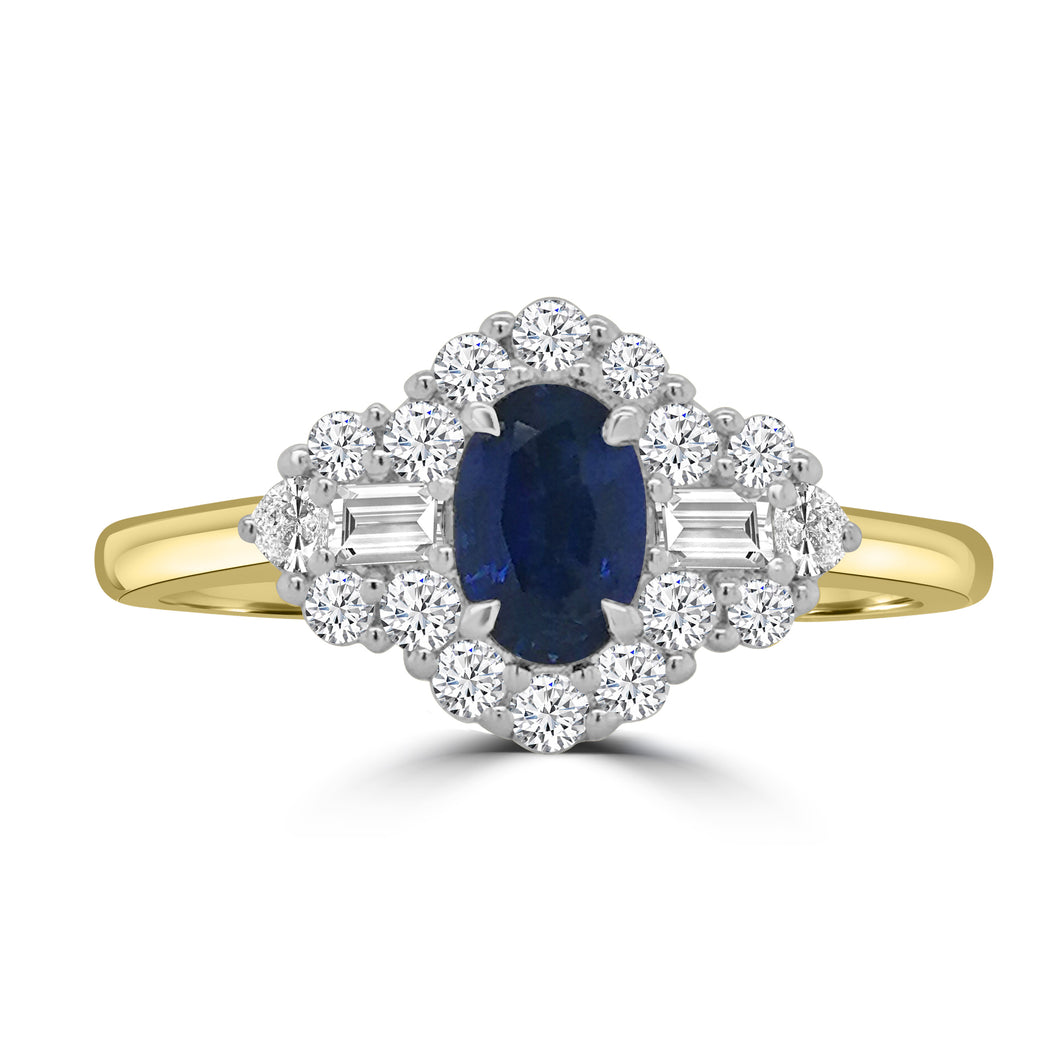 18ct Yellow Gold Oval Sapphire & Diamond Baguette Three Stone Ring