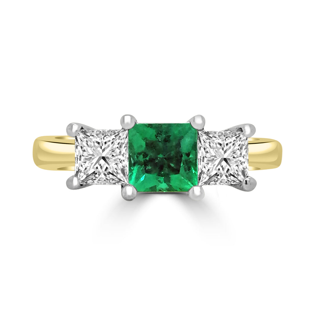 18ct Yellow Gold Princess Emerald & Diamond Three Stone Ring