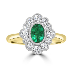 18ct Yellow Gold Oval Emerald & Diamond Bubble Halo Ring