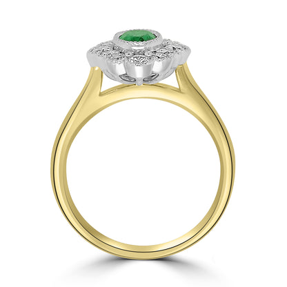 18ct Yellow Gold Oval Emerald & Diamond Bubble Halo Ring