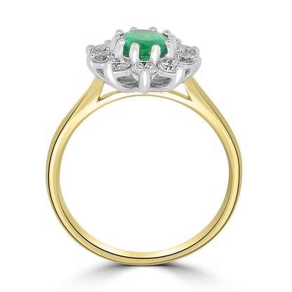 18ct Yellow Gold Oval Emerald & Diamond Cluster Halo Ring