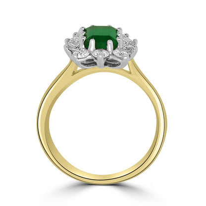 18ct Yellow Gold Emerald Cut Emerald & Diamond Cluster Halo Ring
