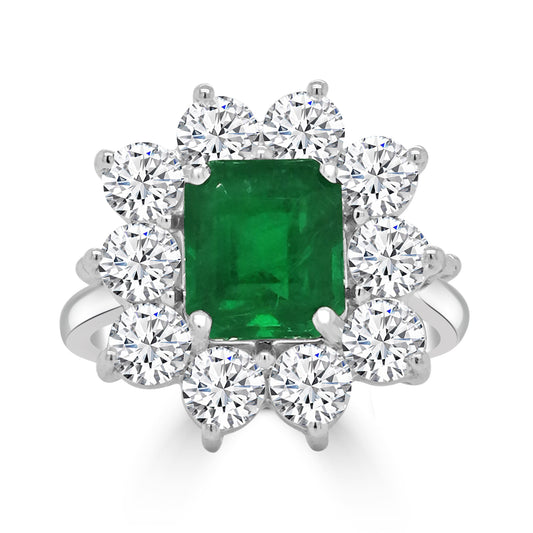 18ct White Gold Emerald Cut Emerald & Diamond Cluster Halo Ring