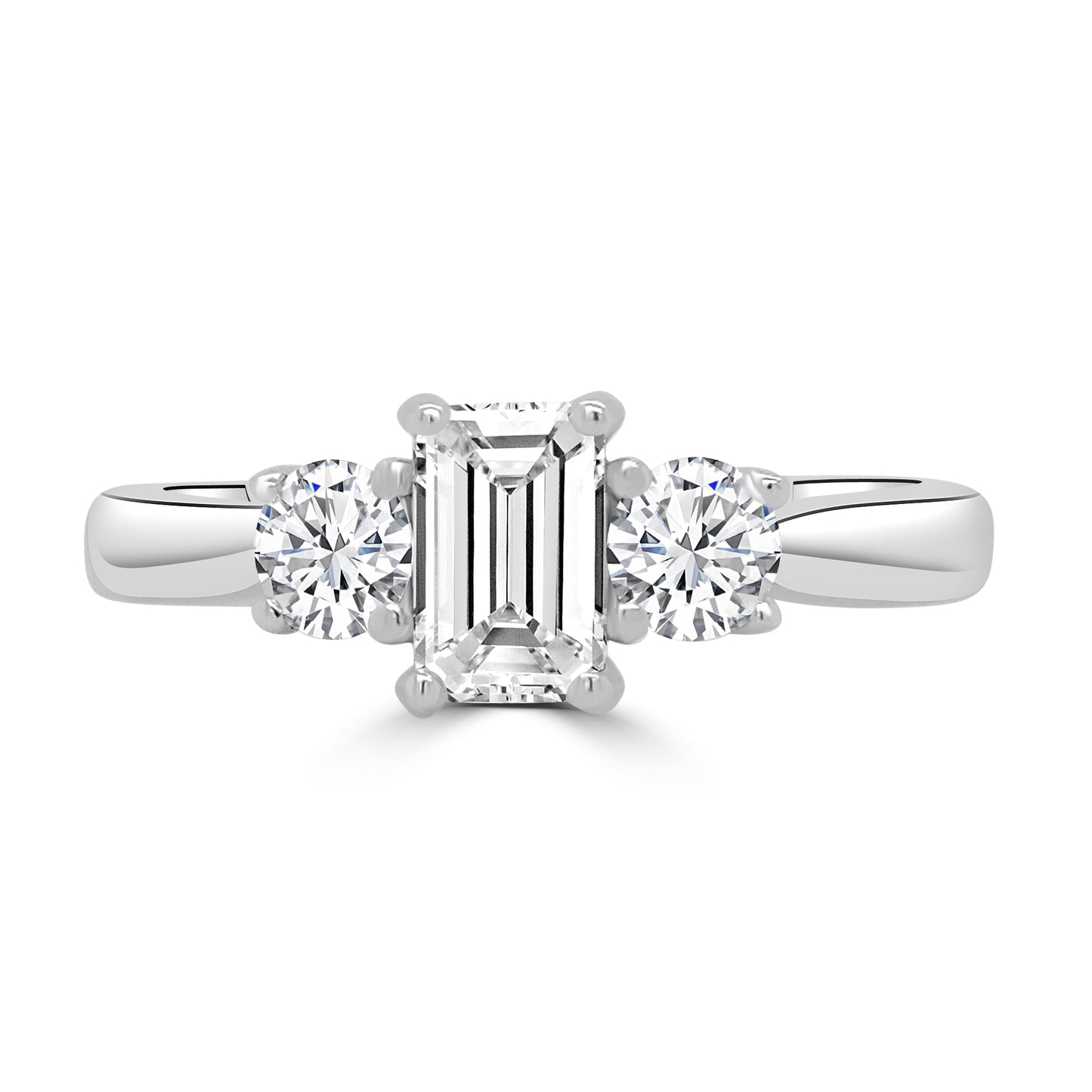 Platinum Emerald & Round Brilliant Three Stone Diamond Ring 0.87ct
