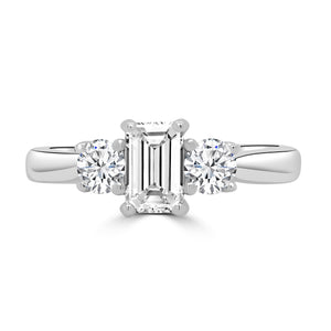 Platinum Emerald & Round Brilliant Three Stone Diamond Ring 0.87ct