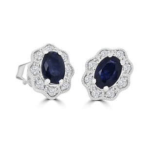 9ct White Gold Oval Sapphire & Bubble Diamond Halo Stud Earrings