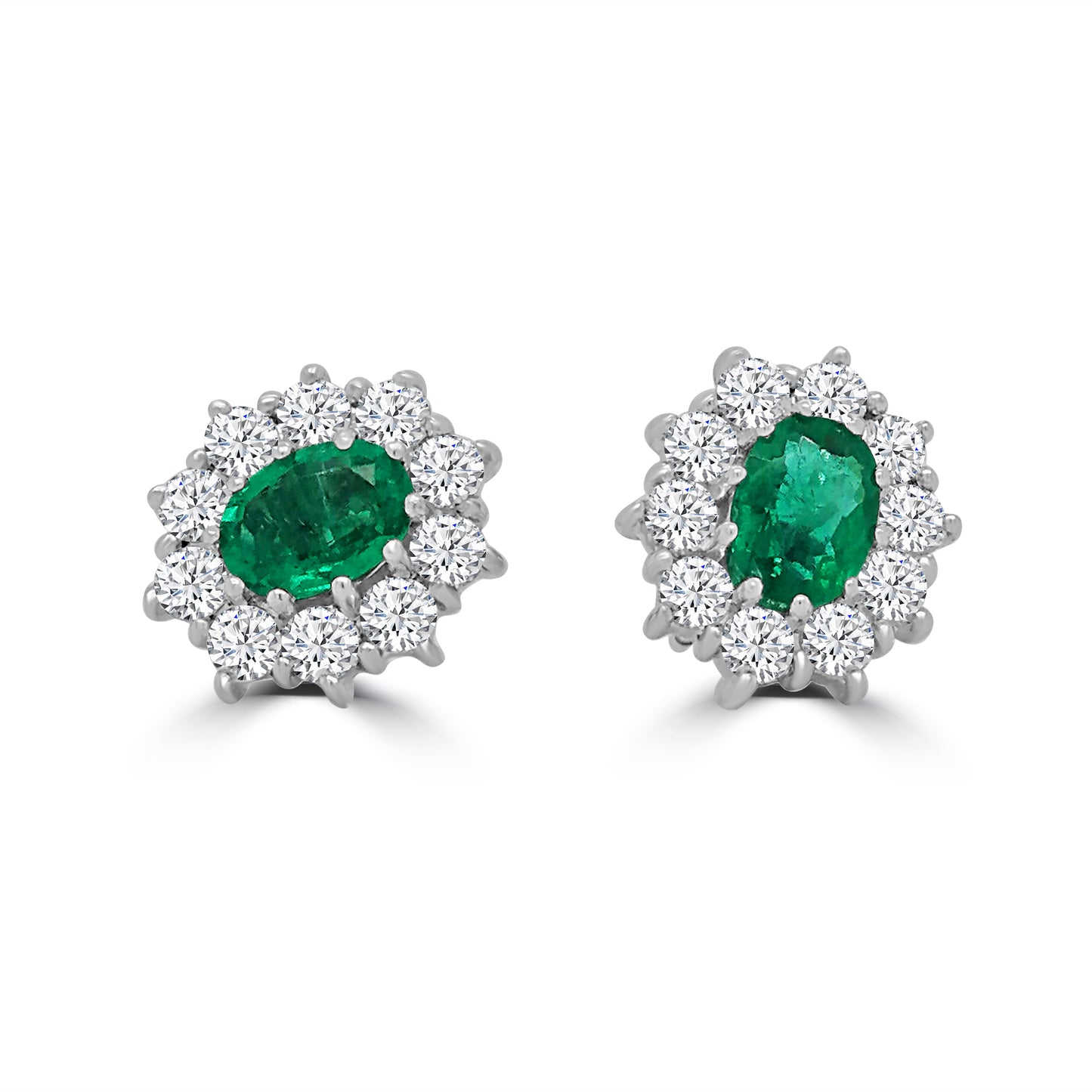 18ct White Gold Oval Emerald & Diamond Halo Studs