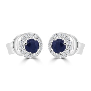 18ct White Gold Round Sapphire & Diamond Halo Stud Earrings