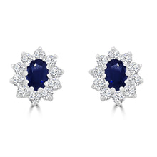 Load image into Gallery viewer, 18ct White Gold Oval Sapphire &amp; Cluster Diamond Halo Stud Earrings