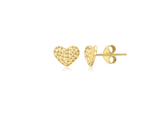 9ct Yellow Gold Heart Stud Diamond Cut Earrings