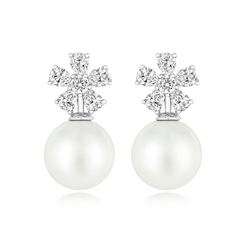 Sterling Silver Pear & Round CZ with Drop Pearl Earrings