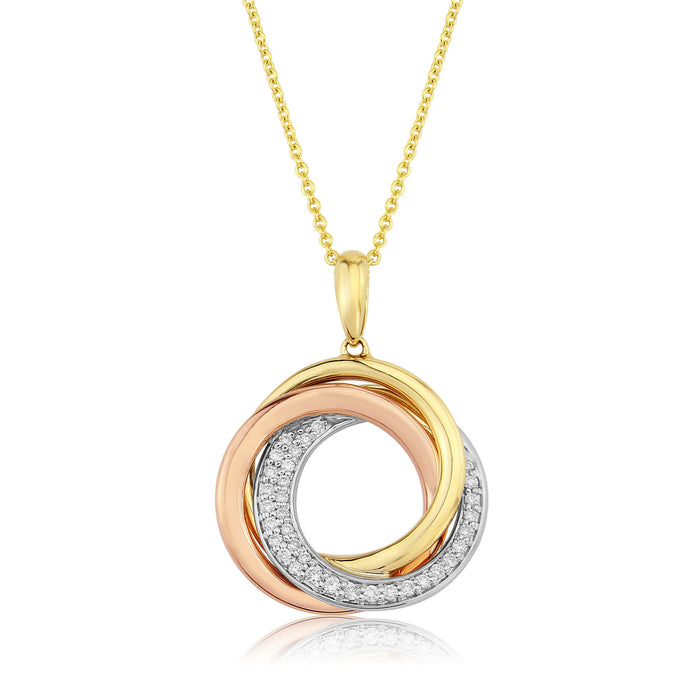 9ct Three Gold Interlocking Circle & Diamond Pendant Necklace