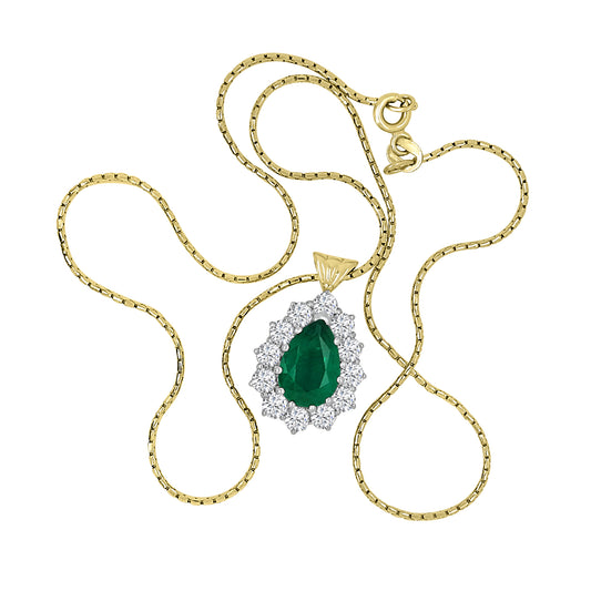 18ct White Gold Emerald & Diamond Cluster Halo Necklace