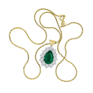 18ct White Gold Emerald & Diamond Cluster Halo Necklace