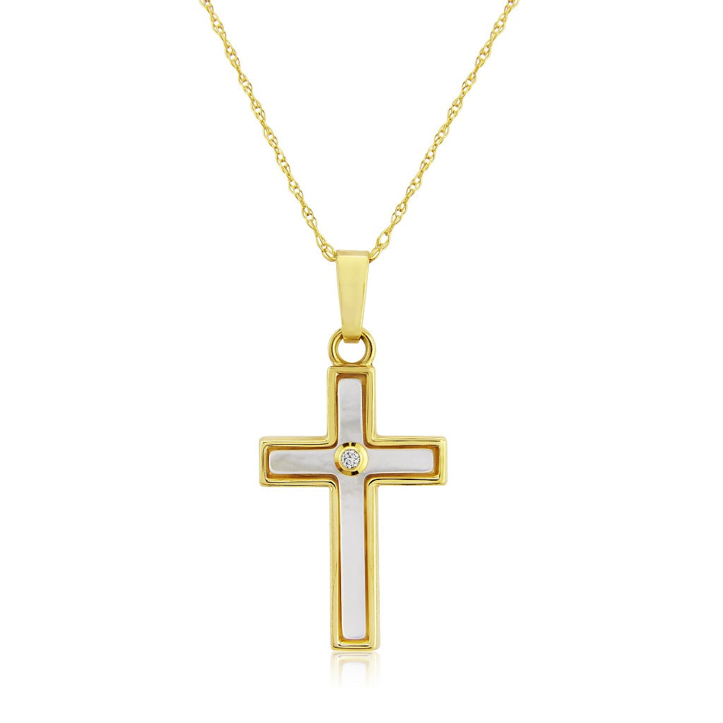9ct Yellow Gold Diamond & Mother of Pearl Cross Pendant Necklace