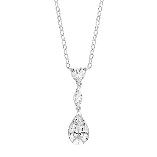 Sterling Silver Heart Marquise & Large Pear CZ Pendant On Fixed Chain