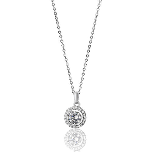 Sterling Silver Round set Centre with Halo CZ Necklace
