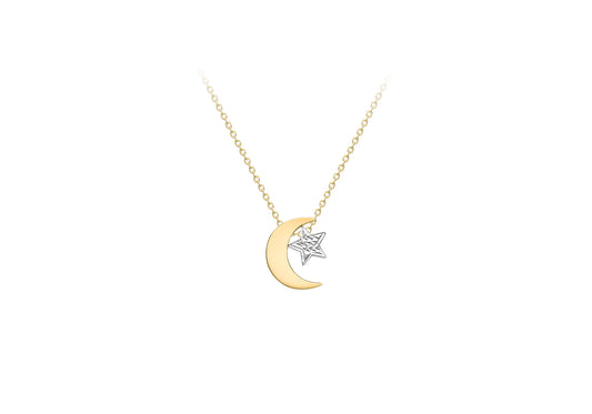 9ct Two Colour Gold Moon and Star Necklace