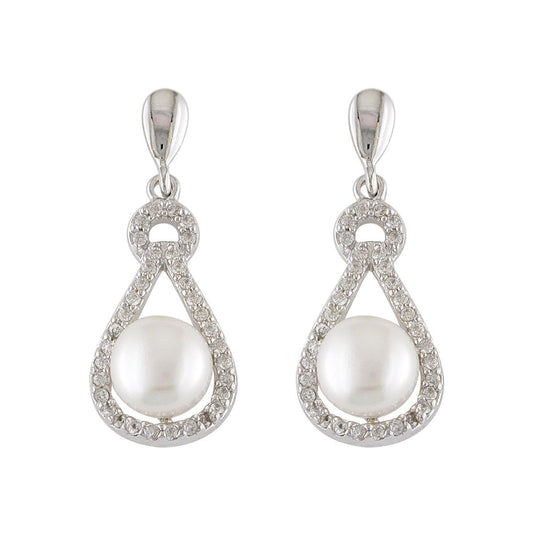 Sterling Silver CZ & Pearl Pear Drop Earrings