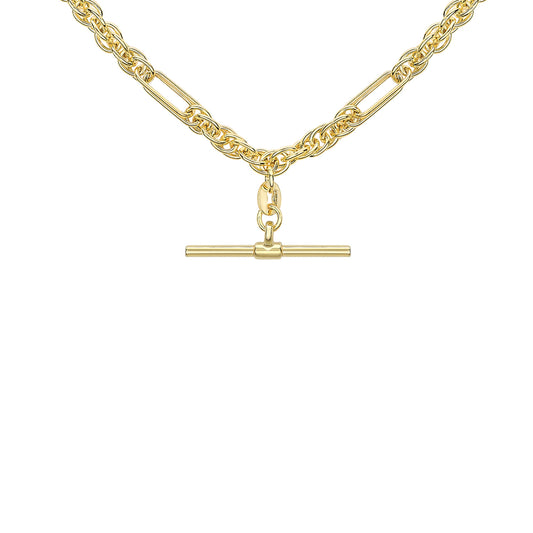 9ct Yellow Gold T-Bar Figaro Rope Albert Clasp Necklace