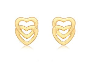 9ct Yellow Gold Double Heart Stud Earrings