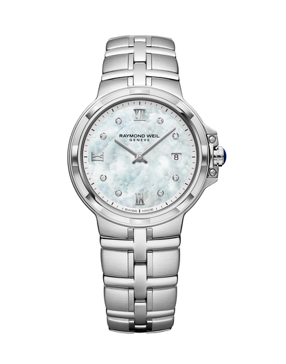 Raymond Weil 30mm Parsifal Mother of Pearl set Diamond Dial Watch frontal view