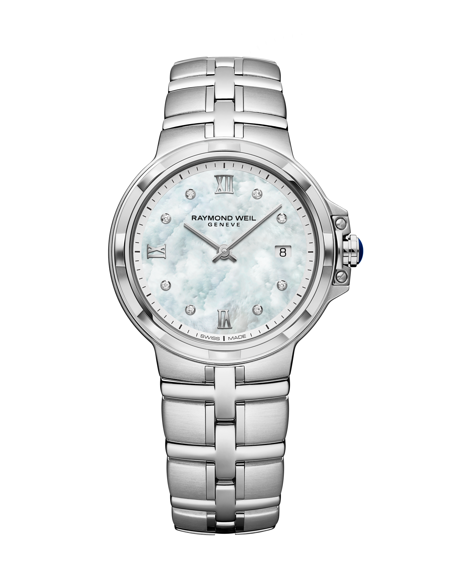 Raymond Weil 30mm Parsifal Mother of Pearl set Diamond Dial Watch frontal view