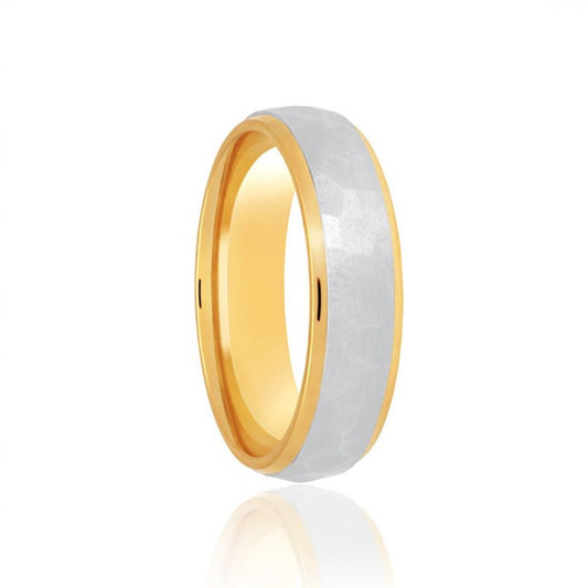 Platinum & 18ct Yellow Gold Frosted Hammered & Polished Edges Classic Medium 6mm Wedding Band