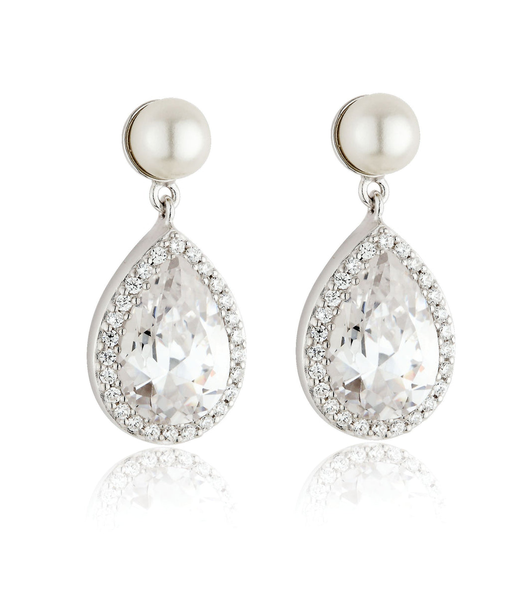 Sterling Silver Pear, Halo CZ & Pearl Drop Studs