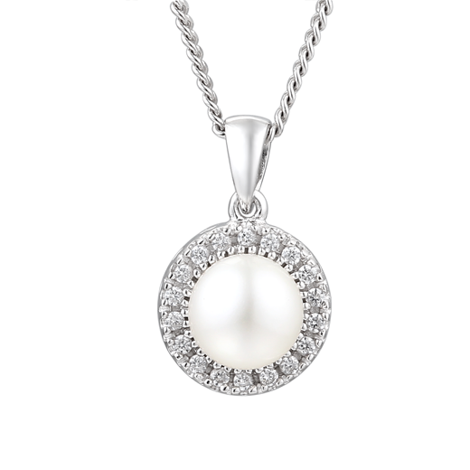 Sterling Silver Pearl & CZ Halo Necklace