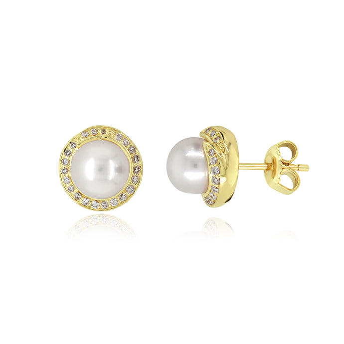 9ct Yellow Gold Diamond & Pearl Stud Earrings 0.21ct