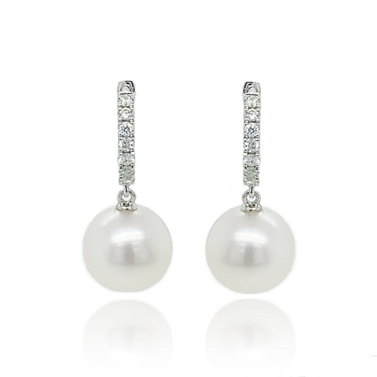 9ct White Gold Diamond Hoop Cultured Pearl Earrings