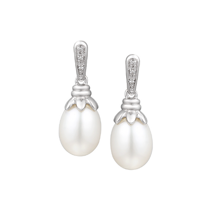 Sterling Silver Pearl & CZ Drop Earrings