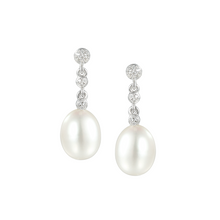 Load image into Gallery viewer, Sterling Silver Oval Pearl &amp; Round CZ Drop Earrings