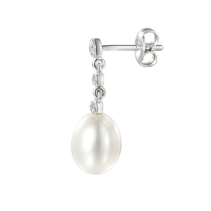 Sterling Silver Oval Pearl & Round CZ Drop Earrings