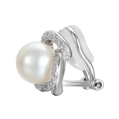 Sterling Silver Freshwater Pearl & CZ Dewdrop Clip Earrings