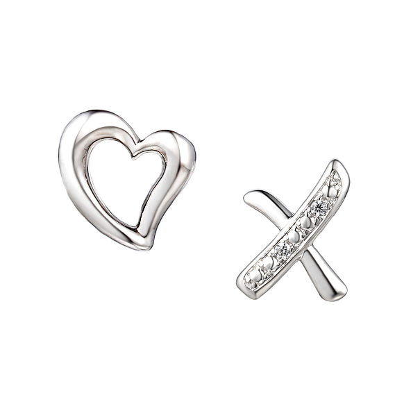 Sterling Silver Heart & Kiss CZ Stud Earrings